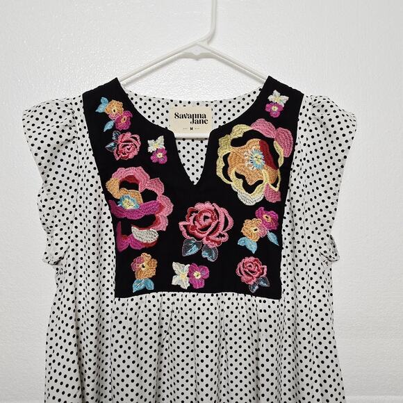 Savanna Jane Size M Shift Mini Dress Polka Dot Embroidered Floral Sleeveless - Picture 12 of 13